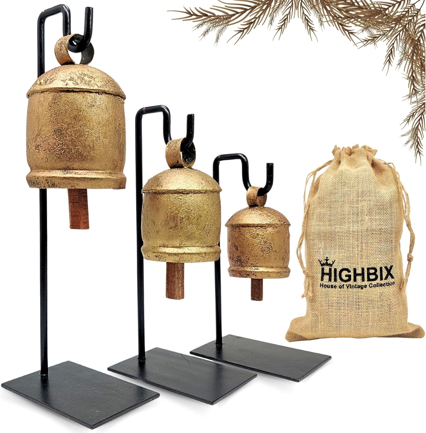 HIGHBIX Vintage-Style Rustic Handmade Christmas Jingle Cowbells with Metal Stand Set of 3 Farmhouse Holiday Decor, Perfect for Christmas Decorations, Gift, and Home Accents | Amazon (US)