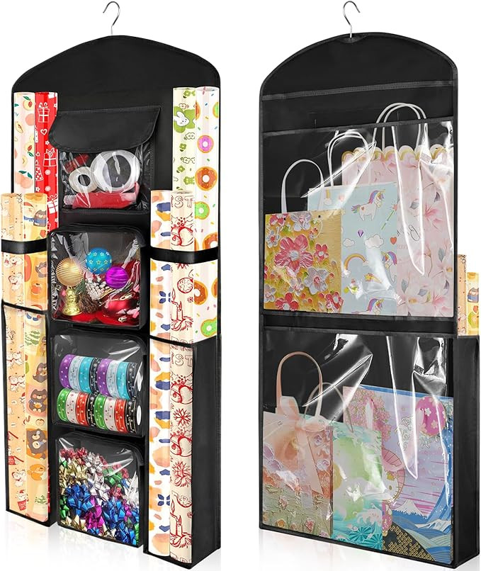 Hanging Gift Wrapping Paper Storage, 40"X17" Black Double-Sided Christmas Wrapper Bag Container, ... | Amazon (US)