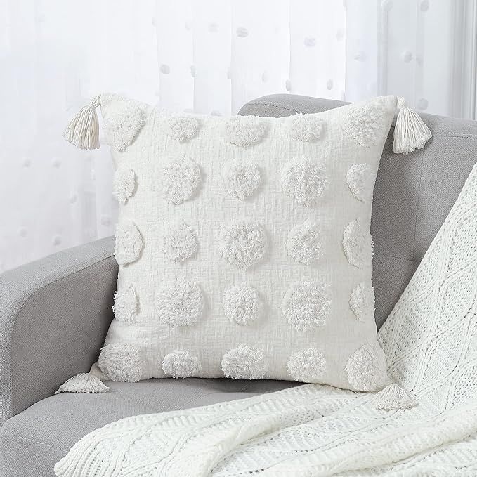 MingBo Boho Decorative Farmhouse Throw Pillow Covers 20x20 Cream White, Soft Accent Pom Poms Tuft... | Amazon (US)