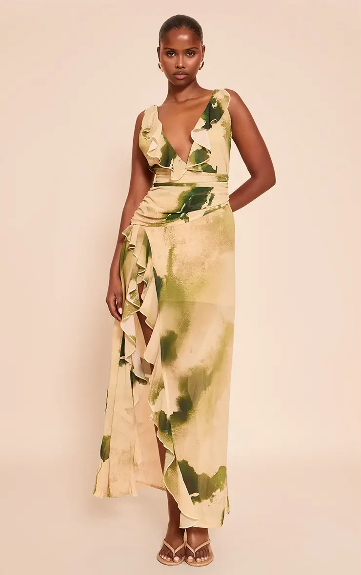 Green Floral Chiffon Frill Plunge Strappy Maxi Dress | PrettyLittleThing UK