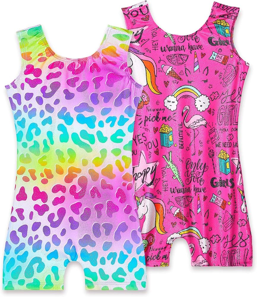 2 Pack Leotard for Girls Gymnastics Sparkly Tumbling Unitards with Shorts Sleeveless One Piece Bi... | Amazon (US)
