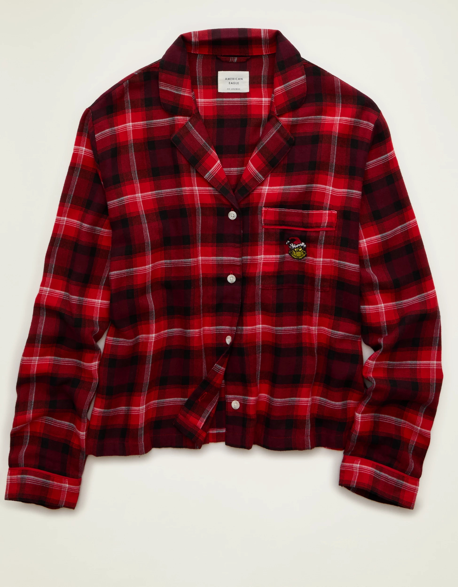 AE Slow Morning Flannel Grinch Long Sleeve PJ Top | American Eagle Outfitters (US & CA)