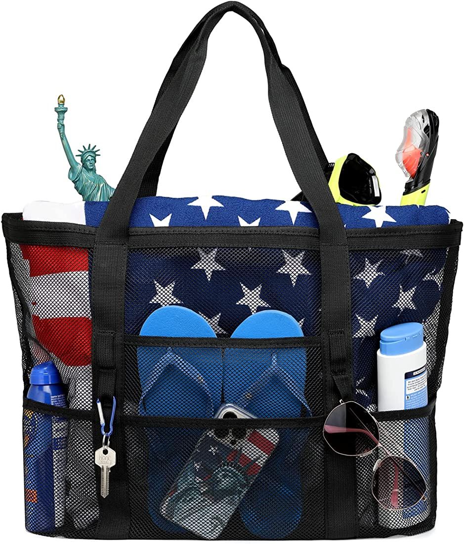 F-color Beach Bag, Mesh Beach Bag Oversized Beach Tote 9 Pockets Beach Toy Bag | Amazon (US)