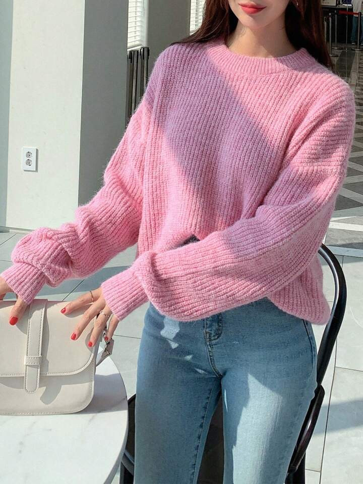 DAZY Solid Color Round Neck Drop Shoulder Sleeve Sweater | SHEIN