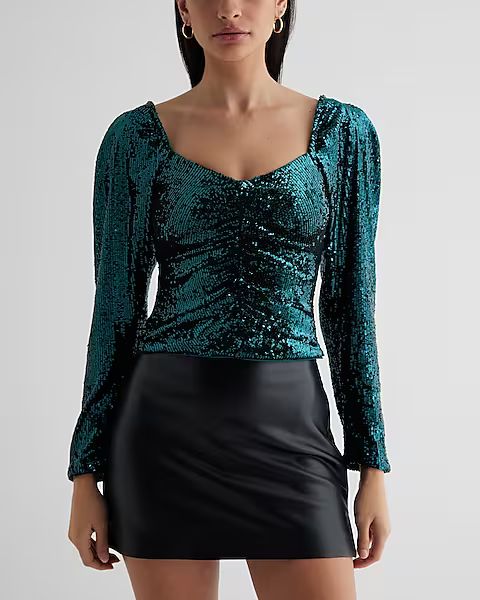 Sequin Sweetheart Neckline Puff Sleeve Ruched Front Top | Express