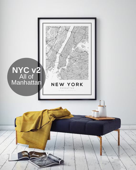 New York Maps, Map of Manhattan, NYC, Map Prints, Modern Home Decor, Map Gifts, Gift Ideas, New Y... | Etsy (US)