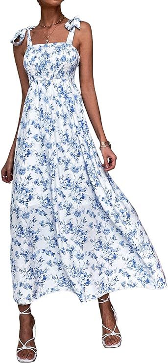 MakeMeChic Women's Summer Boho Dress Floral Print Spaghetti Strap Square Neck Shirred Maxi Dress ... | Amazon (US)