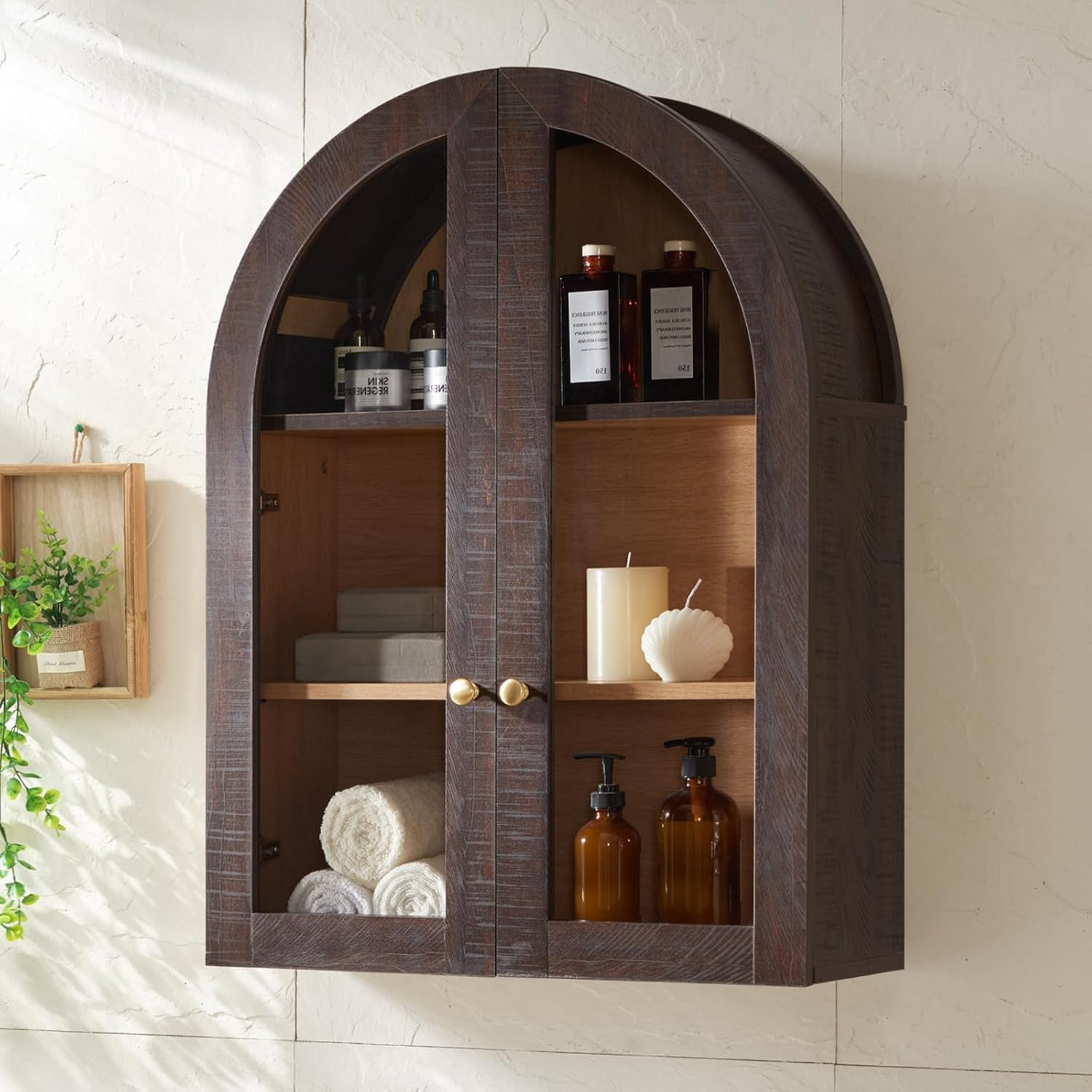 Bathroom Arched Wall Cabinet Over The Toilet Storage Cabinet, 23.5×31.4 Inch bathroom cabinet wall mount with Glass Doors & Adjustable Shelves, Wood Cabinet for Laundry Room, Kitchen, Brown/Natural | Amazon (US)