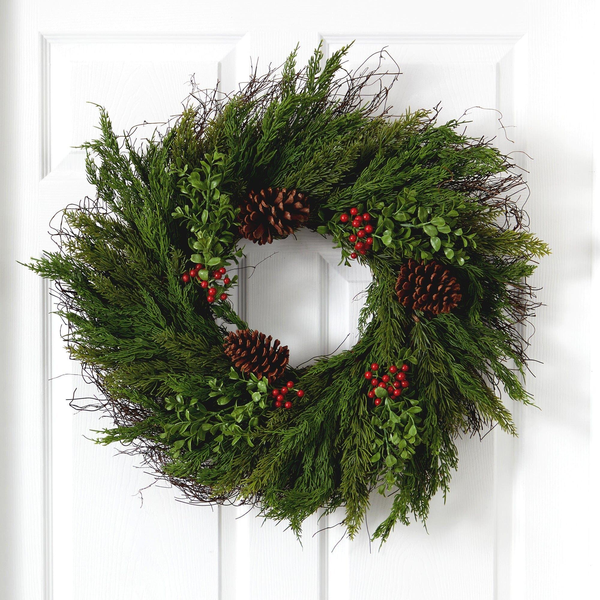 26'' Cypress with Berries and Pine Cones Artificial Wreath | Nearly Natural | Nearly Natural