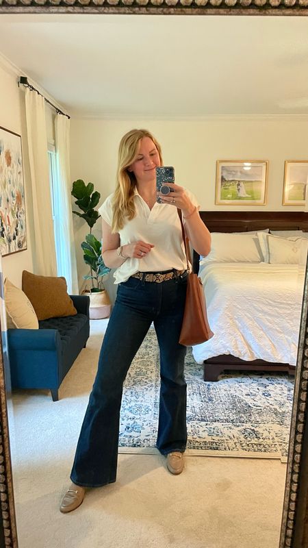 Casual Monday in the office — what I wore today 

Flared high waisted dark blue jeans

I got my normal size in everything 
Collared polo tee

Snakeskin belt

Loafers



#LTKSeasonal #LTKstyletip #LTKshoecrush