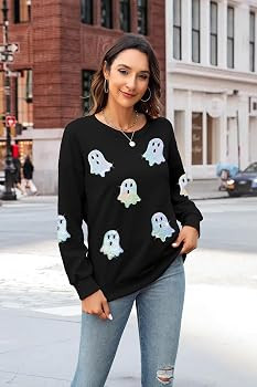 Halloween Sweatshirts Women Colorful Sequin Ghost Graphic Pullover Shirt | Amazon (US)