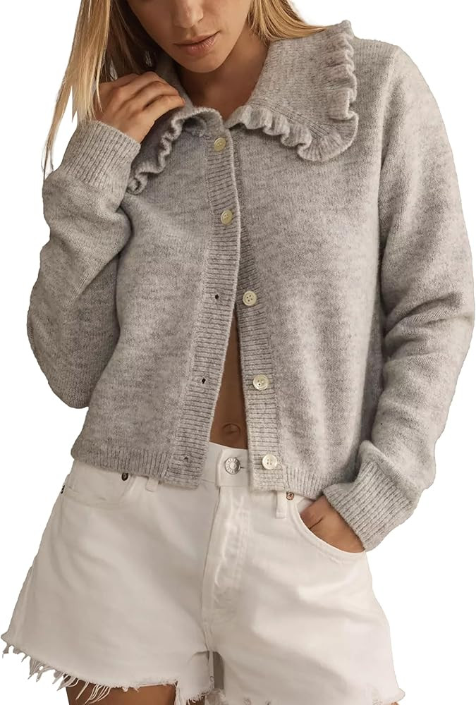 Womens Ruffle Cropped Cardigan Open Front Outerwear Elegant Long Sleeve Knitted Sweater Solid But... | Amazon (US)