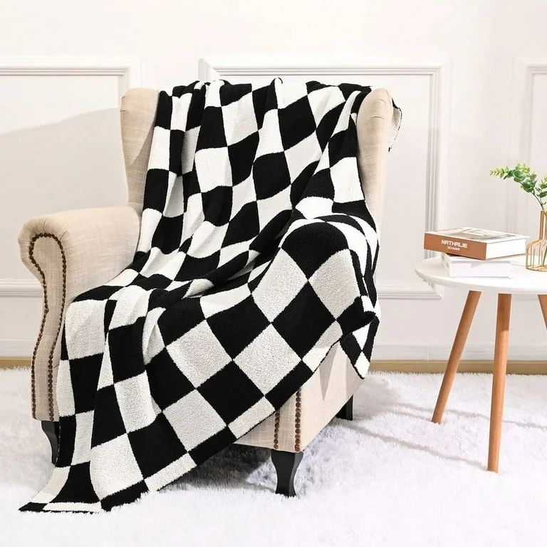 Junovo Checkered Throw Blanket for Couch Soft Cozy Fluffy Blanket,50"x60",Black-Grid | Walmart (US)