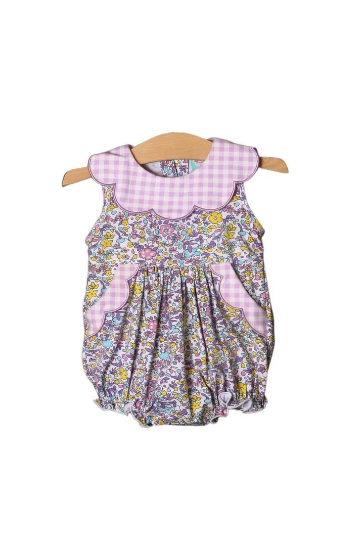 Purple Gingham Floral Scalloped Bubble | The Smocked Flamingo