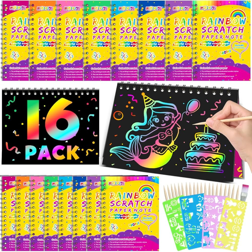 pigipigi Scratch Art-Craft Notebook: 16 Pack Rainbow Scratch Party Favor Kid Paper Craft Project ... | Amazon (US)