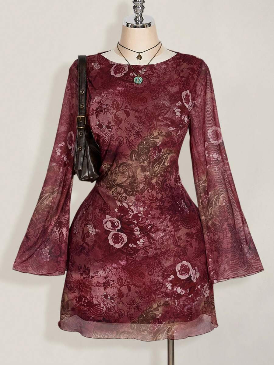SHEIN ICON Plus Size Women Dresses Fall, Women Long Sleeve Dresses, Y2k Vintage Paisley Mesh Bell... | SHEIN