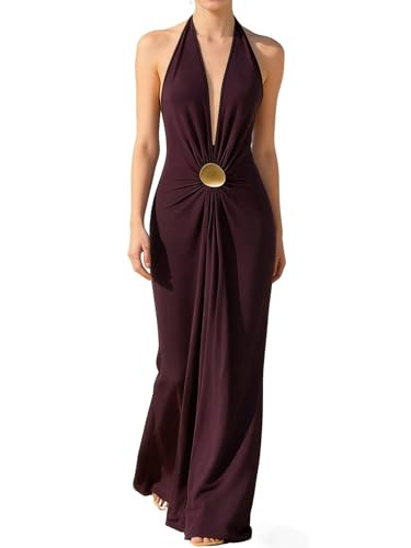 OYOANGLE Women's Halter Maxi Dress Sexy Backless Deep V Wedding Guest Vacation Beach Party Formal... | Amazon (US)