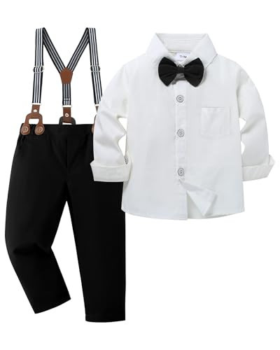 YALLET Toddler Baby Boy Clothes Suit Gentleman Outfits Formal Dress Shirt + Bowtie + Suspender Pants Wedding Party(L White-Black, 3-4T) | Amazon (US)