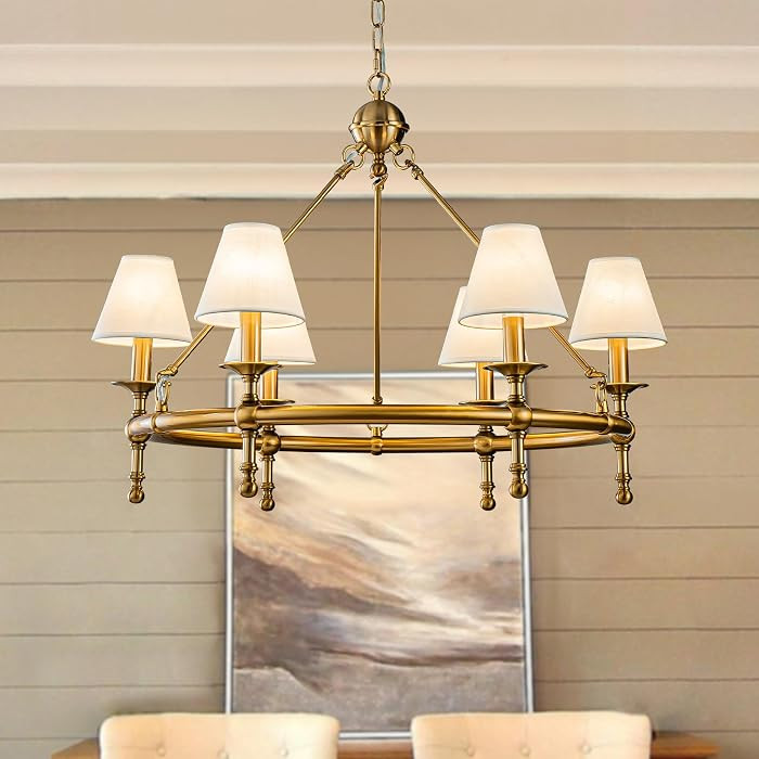 34" Brass Pleated Fabric Chandelier, 6-Light Mid Century Modern Dining Room Light Fixture with Wh... | Amazon (US)