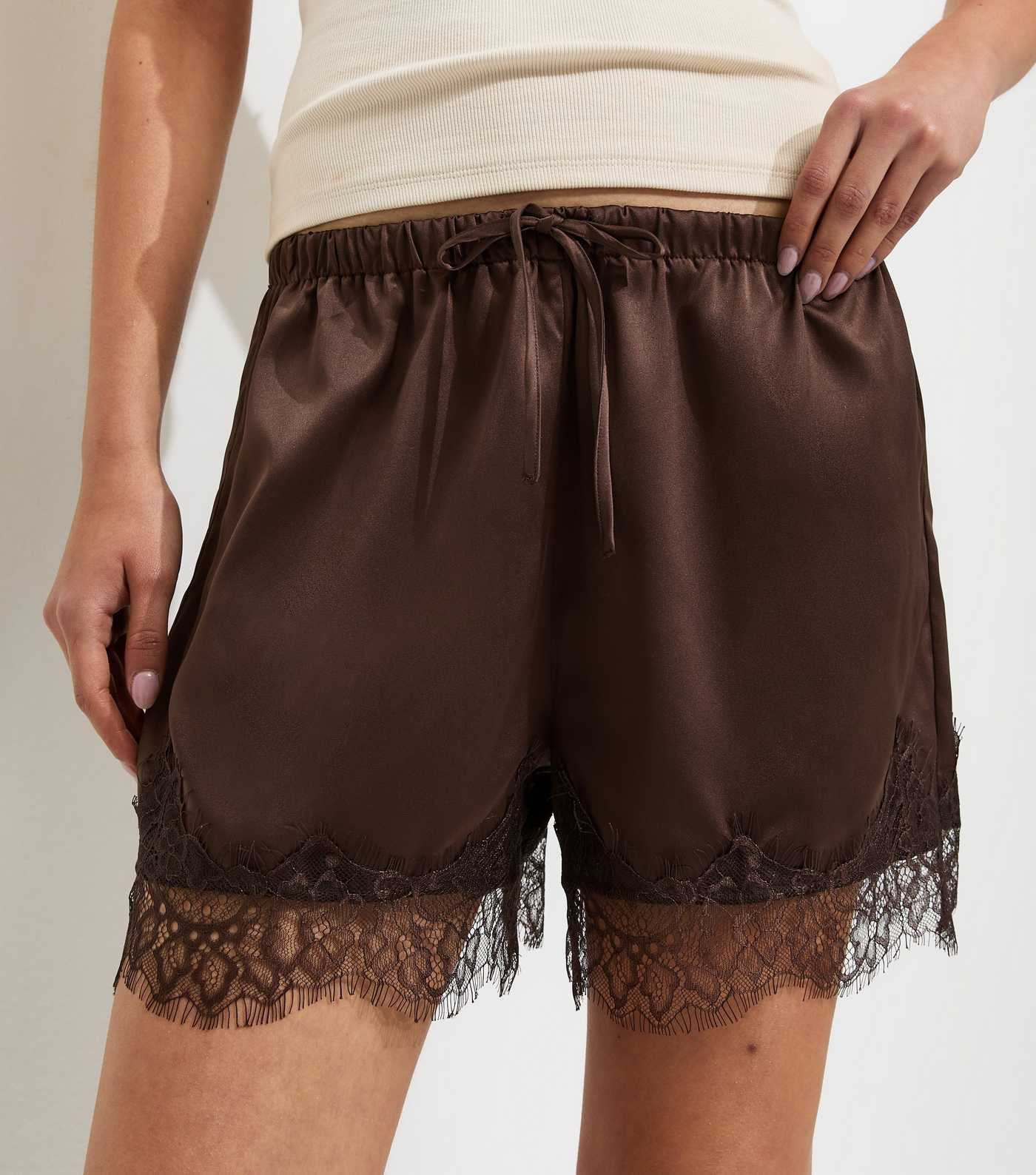 Satin Dark Brown Lace Trim Shorts | New Look | New Look (UK)