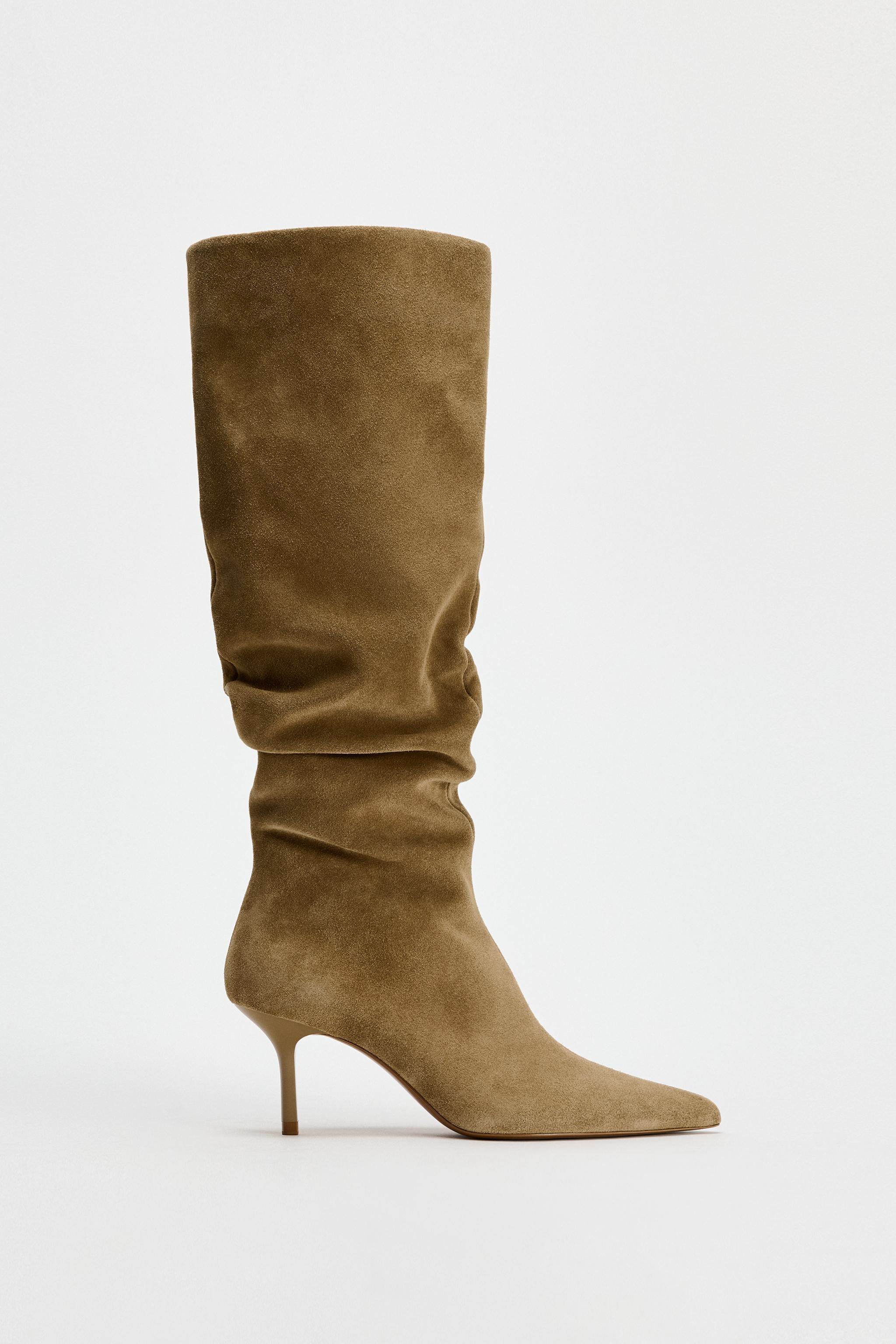 RUCHED SPLIT LEATHER HEELED BOOTS | Zara US