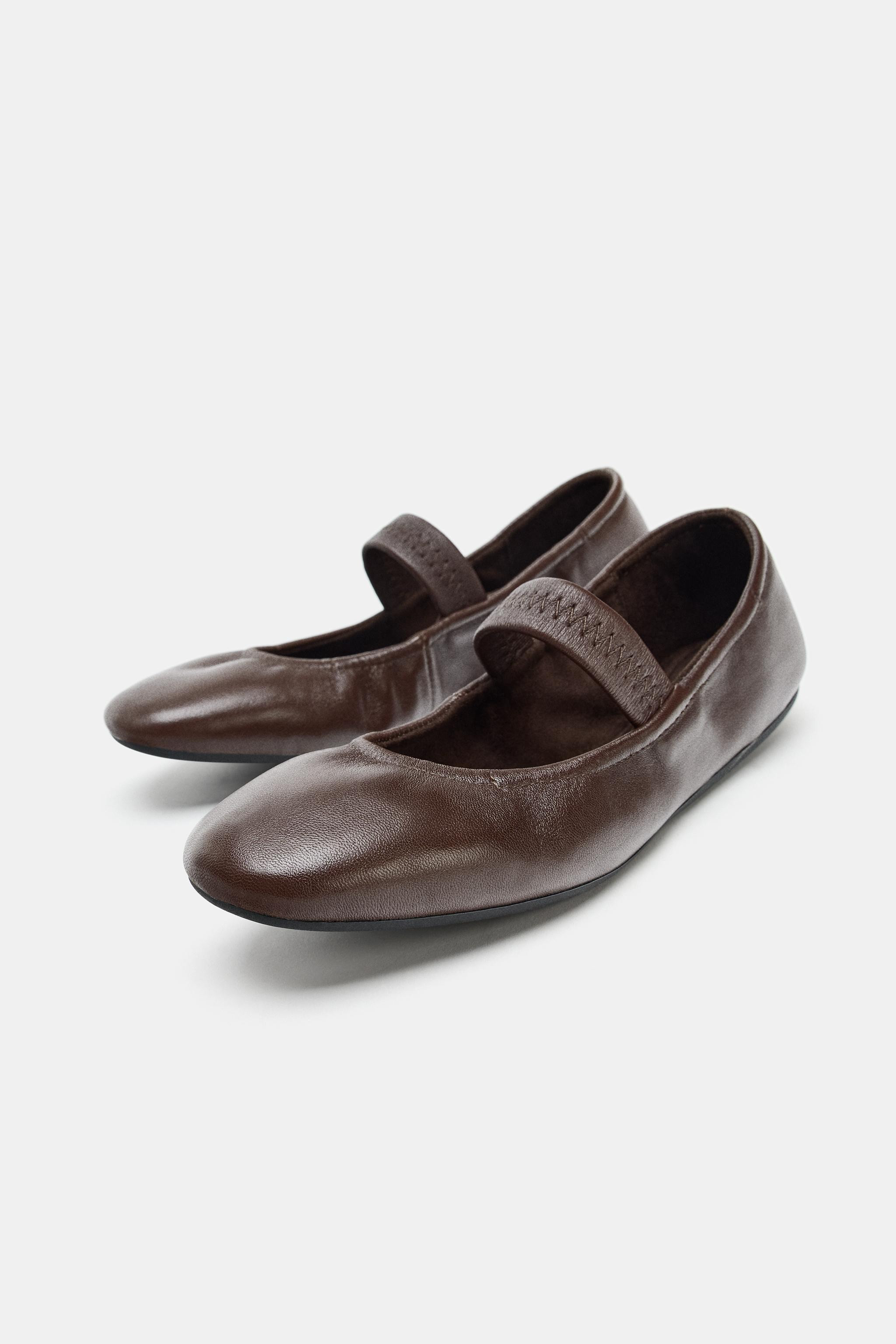 LEATHER BALLET FLATS WITH ELASTIC STRAP | Zara US