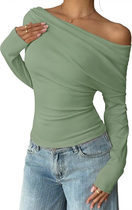ZESICA Women's Off Shoulder Fall Long Sleeve Y2k Cute Going Out Work Tops     Asymmetrical, Ruche... | Amazon (US)