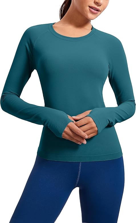 CRZ YOGA Womens Seamless Ribbed Workout Long Sleeve Shirts Quick Dry Gym Athletic Tops Breathable Ru | Amazon (US)