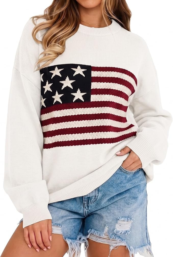 BONITEE Women American Flag Sweater Long Sleeve Crewneck Graphic USA Sweatshirt Loose Fit Knit Pu... | Amazon (US)