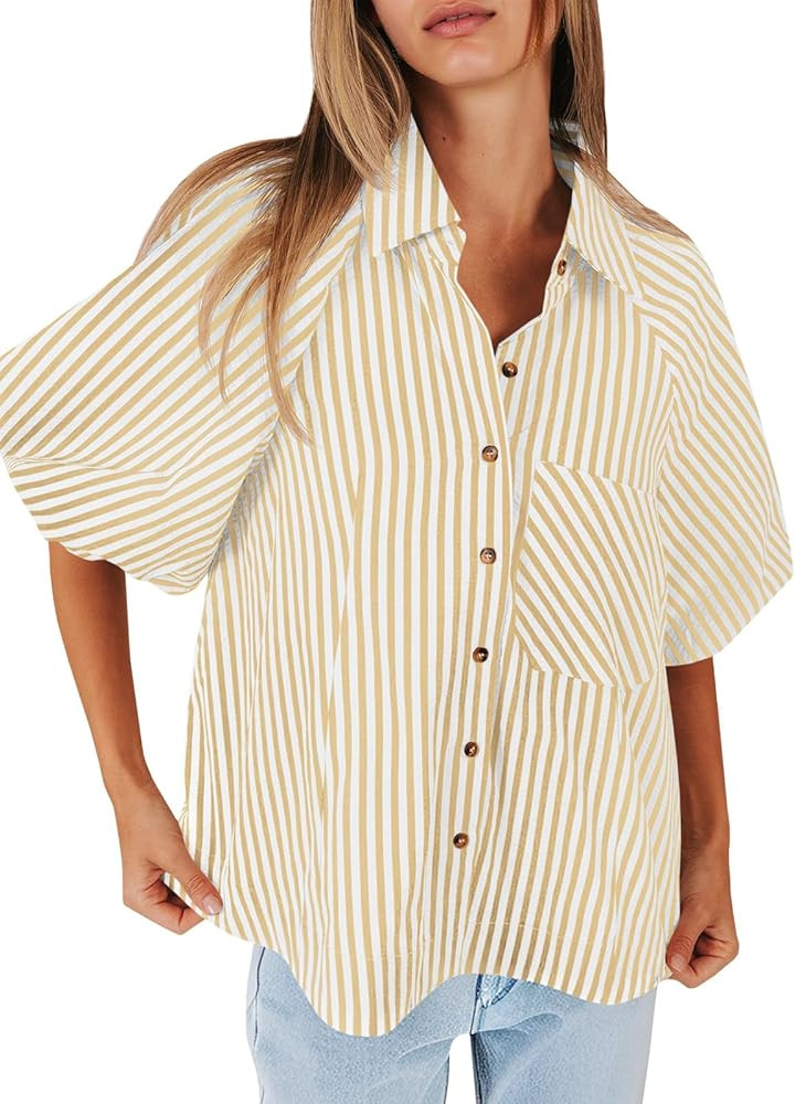 Tankaneo Womens Short Puff Sleeve Button Down Shirts Striped Trendy Casual Loose Fit Blouse V Nec... | Amazon (US)