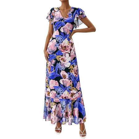PRETTYGARDEN Womens Summer Floral Maxi Dresses Spring Short Sleeve Ruffle V Neck Flowy Boho Long Beach Vacation Sundress | Walmart (US)