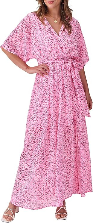 ANRABESS Women’s Summer Loose Boho Flowy Wrap V Neck 3/4 Sleeve Floral Print Slit Beach Wedding... | Amazon (US)