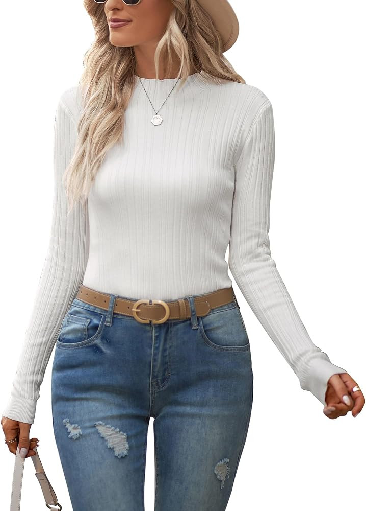 OUGES Women's Lightweight Sweaters 2023 Stretchy Long Sleeve Pullover Cable Knit Mock Turtleneck ... | Amazon (US)