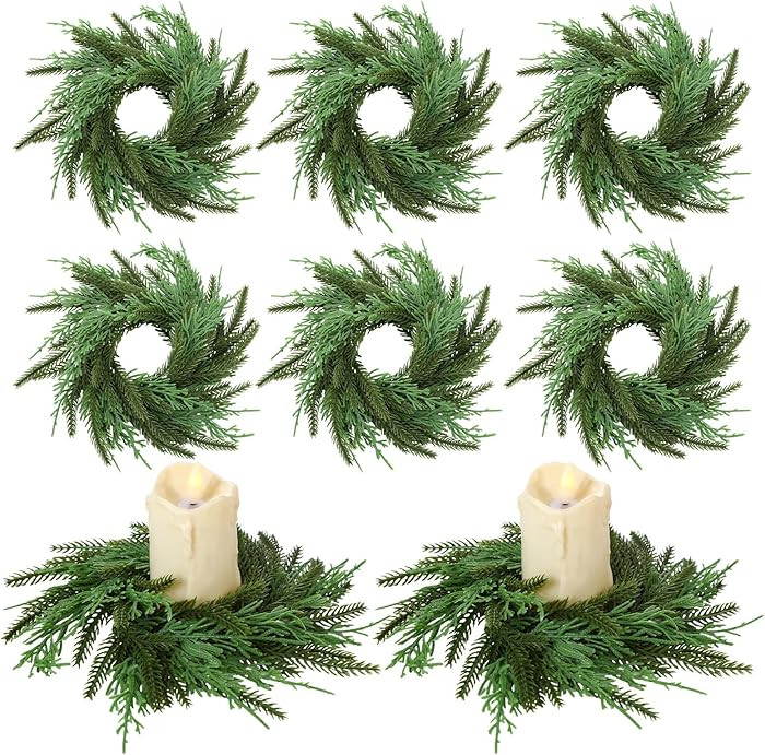 Dingion 6 Pcs Christmas Candle Rings Norfolk & Cypress Mix Pine Wreath 6 Inch Outer Diameter Arti... | Amazon (US)