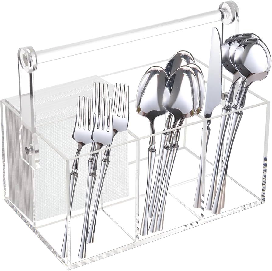 Tasybox Silverware Caddy with Handle, Flatware Organizer, Acrylic Utensil Holder Cutlery Caddy Co... | Amazon (US)