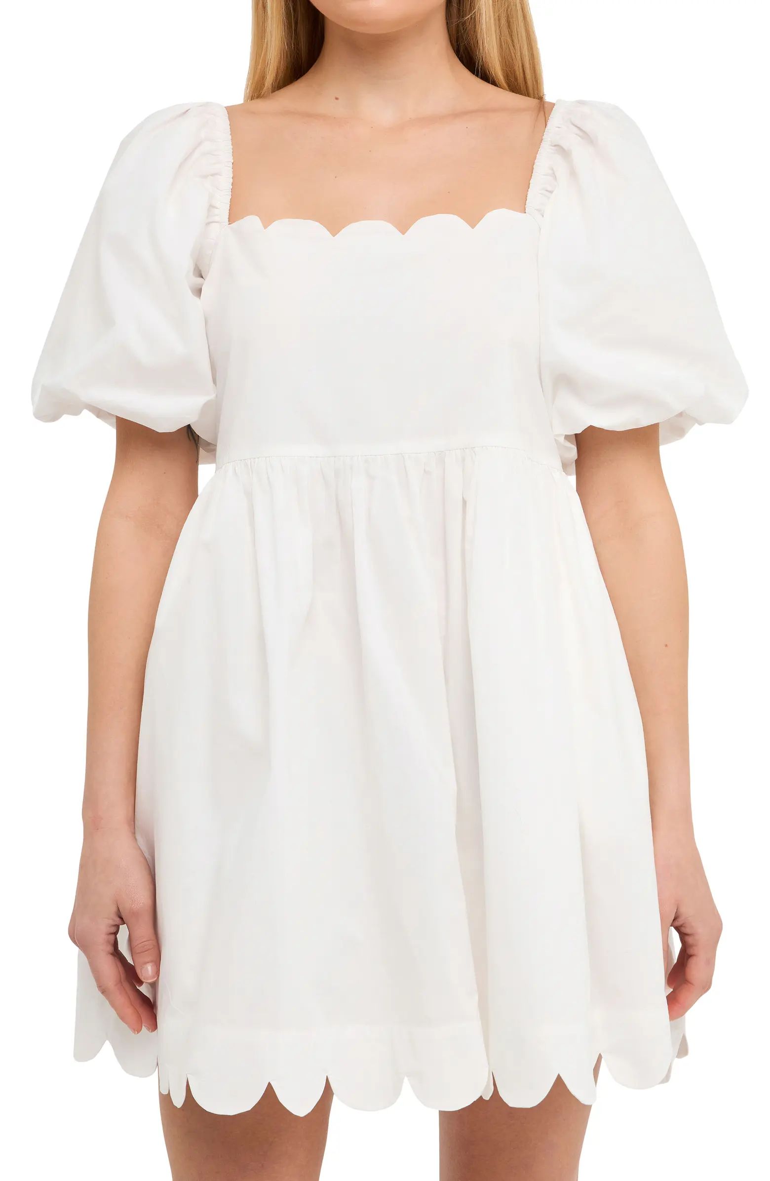 English Factory Scalloped Trim Puff Sleeve Cotton Minidress | Nordstrom | Nordstrom