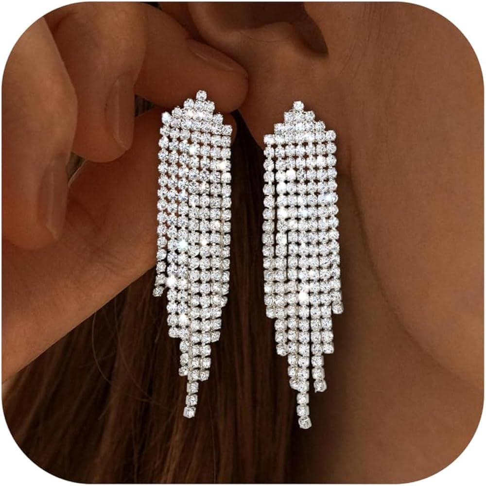 THUNARAZ Rhinestone Earrings Dangling for Women Sparkly Chandelier Earrings Dangle Tassel Teardro... | Amazon (US)