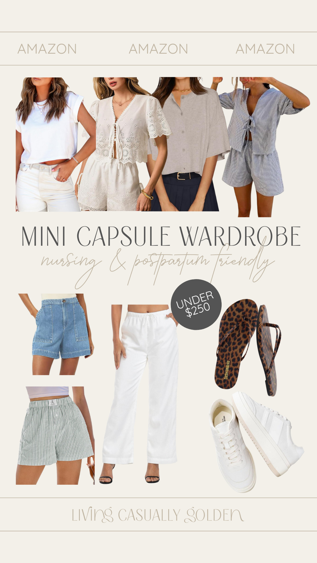 If you just had a baby and are looking for nursing and postpartum friendly outfits to wear this summer all these pieces can be mixed and matched easily for causal affordable outfits! Sizing: M in boxy tee, matching set, boxer shorts + linen pants. S in lace blouse, cardigan and denim shorts. Sneakers and sandals TTS.   

 #LTKFindsUnder50 #LTKFindsUnder100