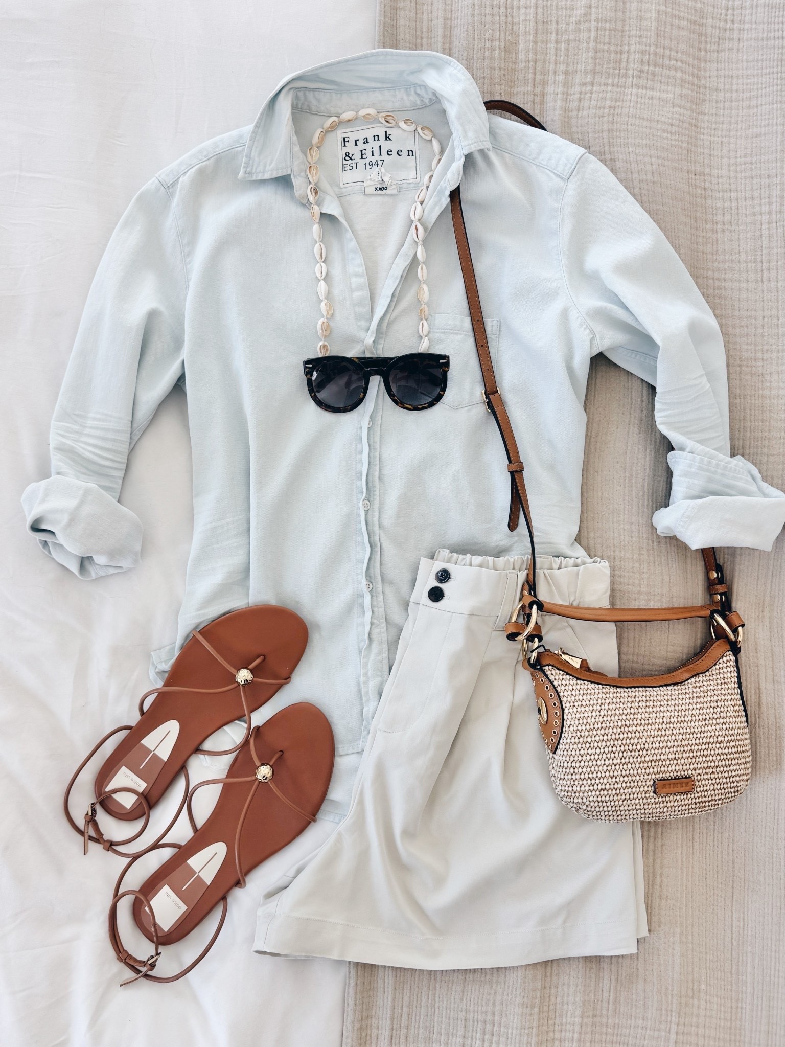 Vacation outfit. Summer outfit. I have size small in the shorts and denim shirt.  Sandals true to size

#LTKootd #LTKTravel #LTKOver40