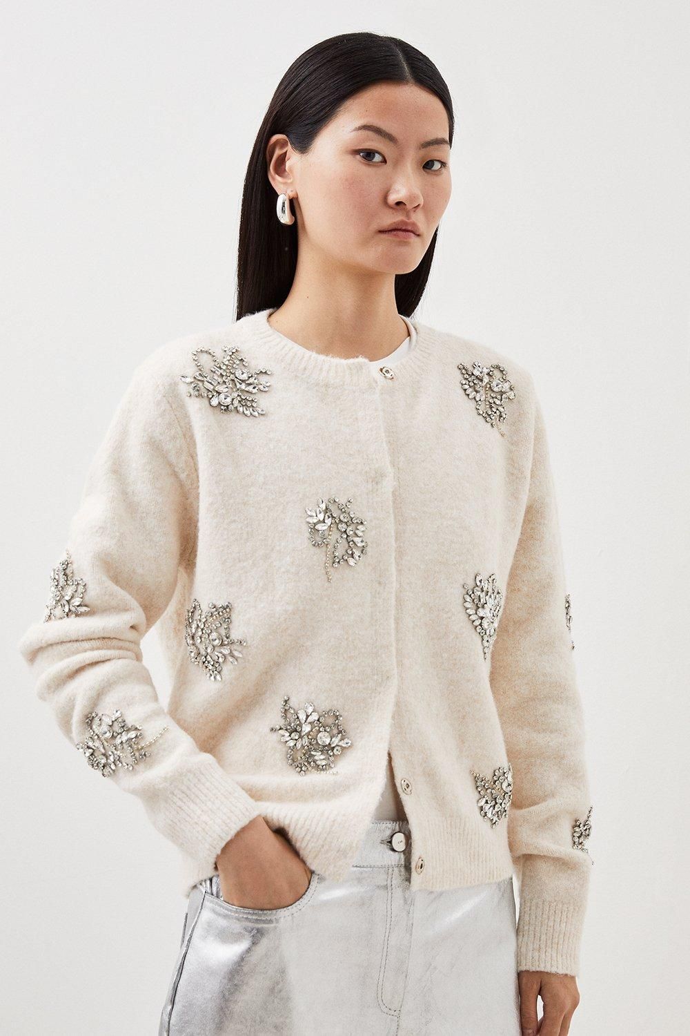 Wool Blend Embellished Cosy Knit Cardigan | Karen Millen UK + IE + DE + NL