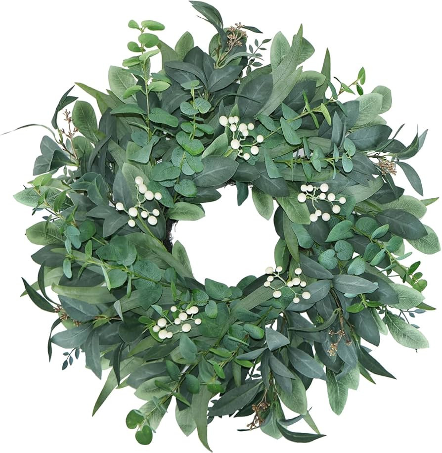 24"-26“ Green Eucalyptus Wreaths for Front Door with White Berries – Lifelike Spring, Summer,... | Amazon (US)