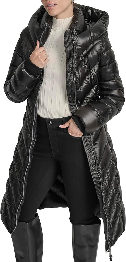 DKNY womens Long Shiny Puffer Coat With Hood – Quilted Gloss Finish Winter Jacket | Amazon (US)