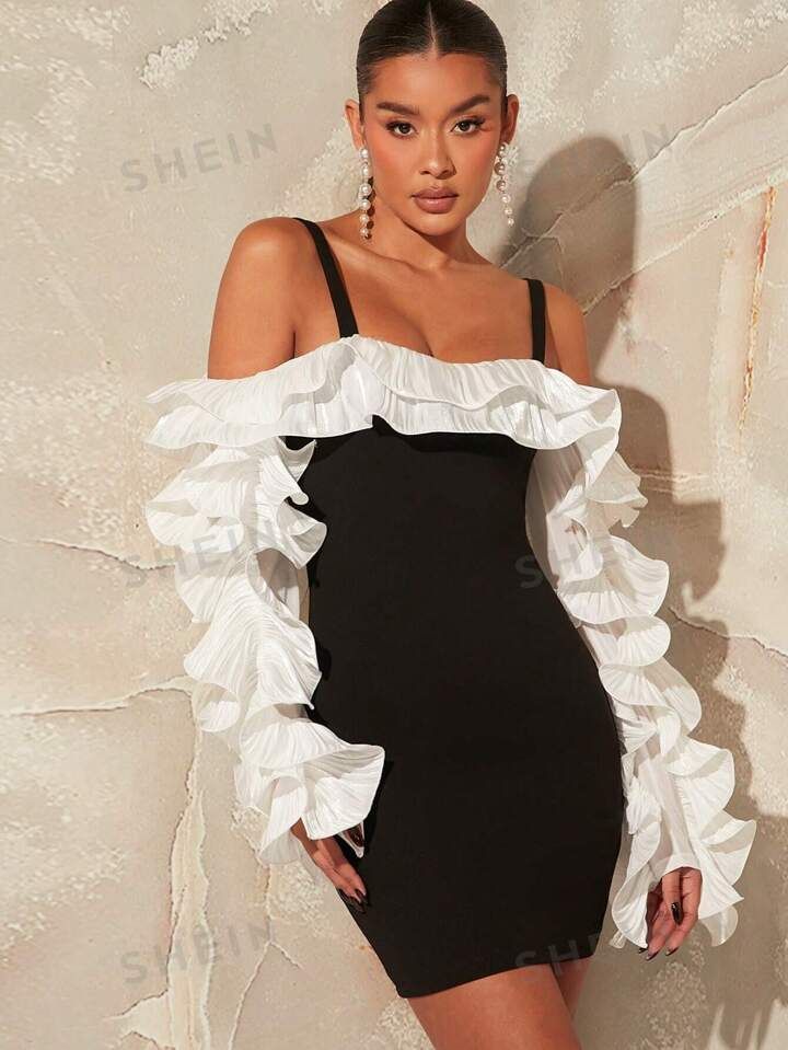 SHEIN Haute Ladies' Off-Shoulder Color Block Dress With Ruffle Hemline | SHEIN