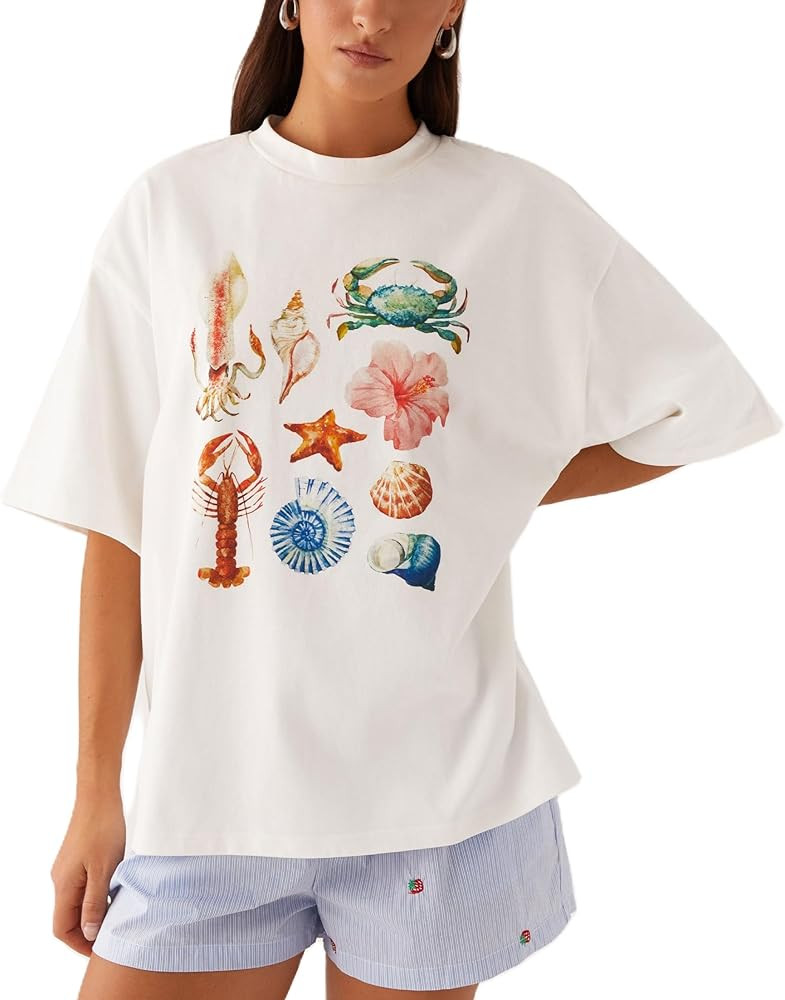 Women Oversized Graphic T Shirt Y2k Short Sleeve Crew Neck Drop Shoulder Loose Fit Tees Summer Pr... | Amazon (US)