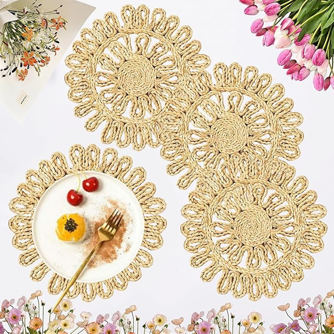 IcosaMro Round Woven Placemats for Dining Table Set of 4 11 Inch Small Natural Braided Rattan Tab... | Amazon (US)