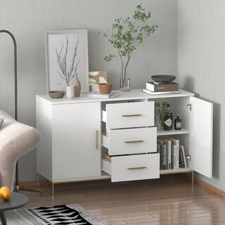 FUFU&GAGA White Paint 2-Doors Accent Storage Cabinets With 3-Drawers, Shelves, Metal Legs Console... | The Home Depot