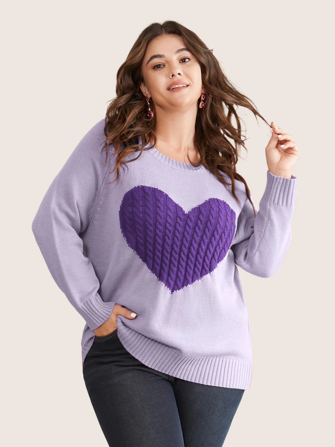 Heart Cable Knit Two Tone Raglan Sleeve Pullover | Bloomchic