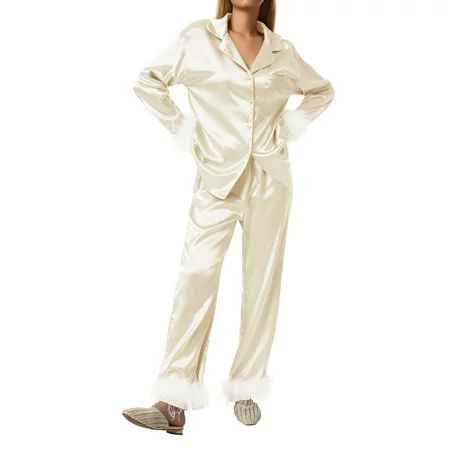 Women s Feather Pajamas Set Silk Satin Sleepwear Long Sleeve Button Down Shirt Long Pants Nightwear | Walmart (US)