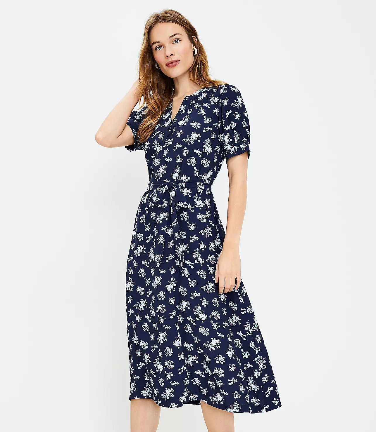 Petite Floral Smocked Tie Waist Midi Dress | LOFT