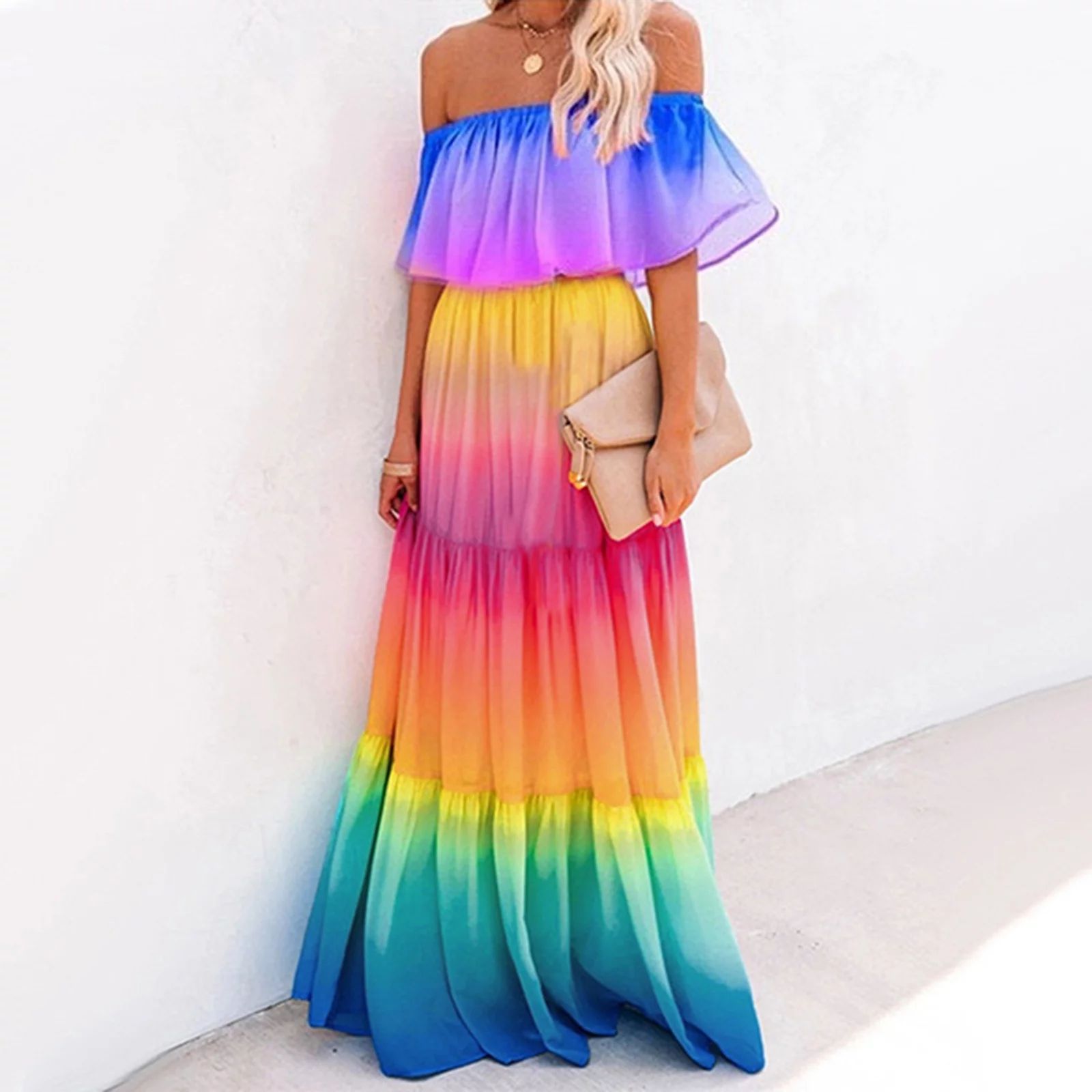 Plus Size Summer Dresses Women's Fashion Rainbow Off Shoulder Tiered Maxi Dress Blue - Walmart.co... | Walmart (US)